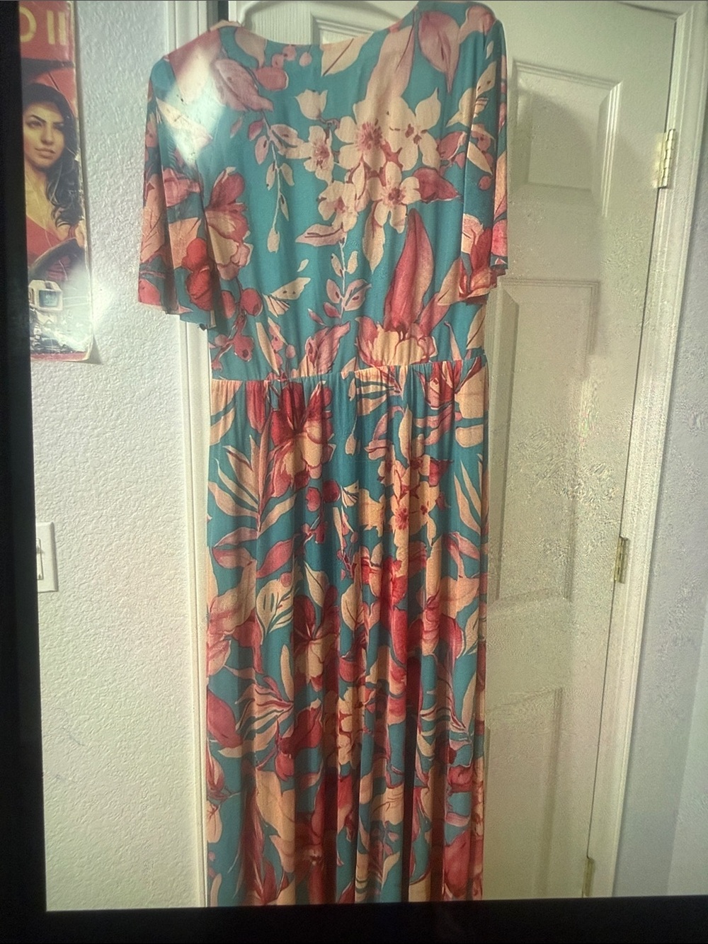 London Times Teal Maxi Dress with Pink & Cream Floral Print